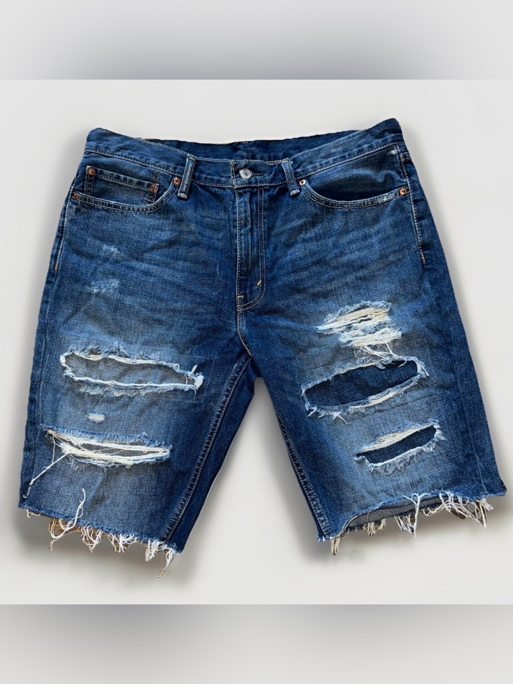 Levi's 511 Distressed Dark Blue Distressed Patched Denim Cutoff Shorts